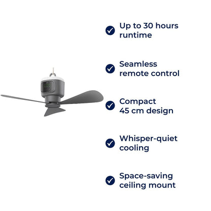 Portable Remote-Control Ceiling Fan with LED Light & 30-Hour Battery Life | Compact Design for Home & Travel