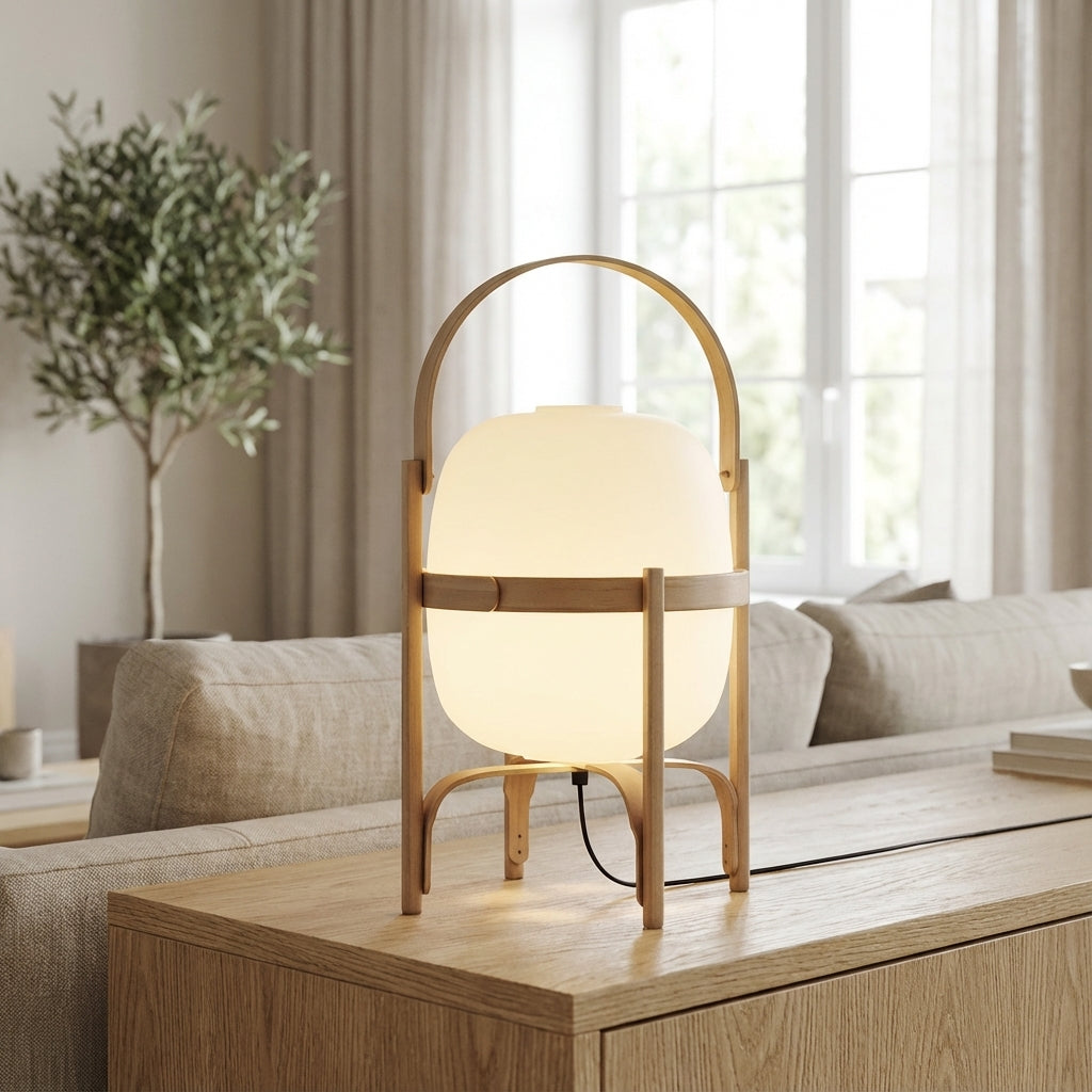 Portable Walnut Wood Accent Lamp with Opal Glass Shade and Handle E14 Socket 40W for Bedroom Living Room Nightstand Side Table Reading Japan