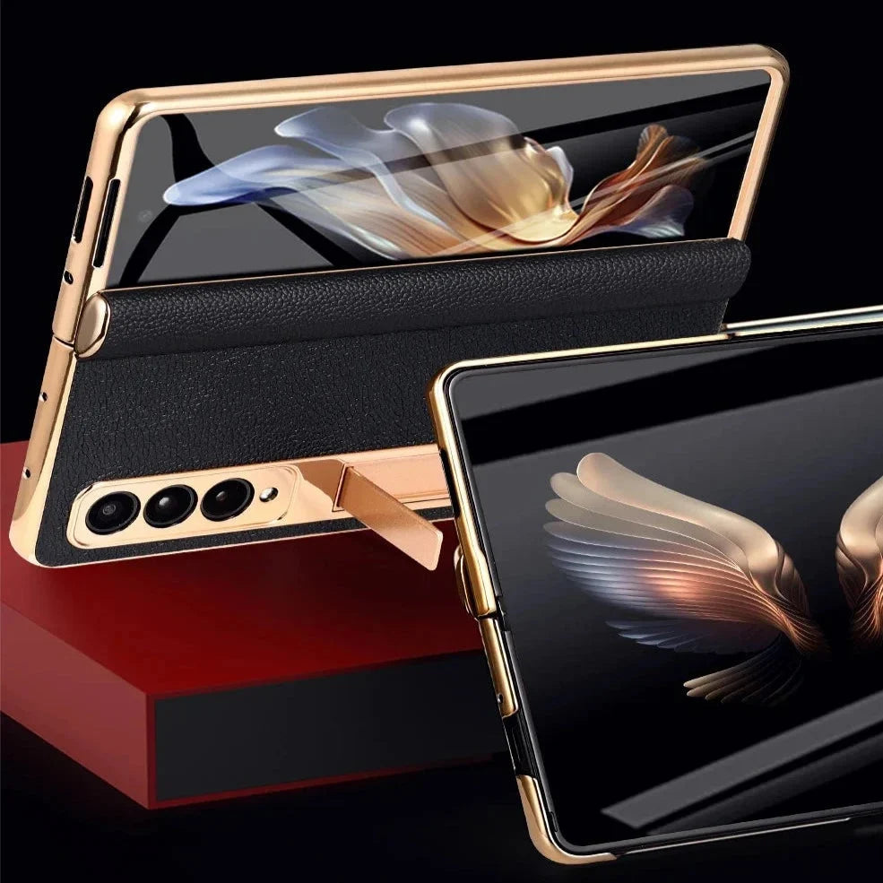 Genuine Leather Foldable Phone Case for Galaxy Z Fold 3/4/5/6/7/8 – Kickstand or Finger Loop Options – Full Protection Design
