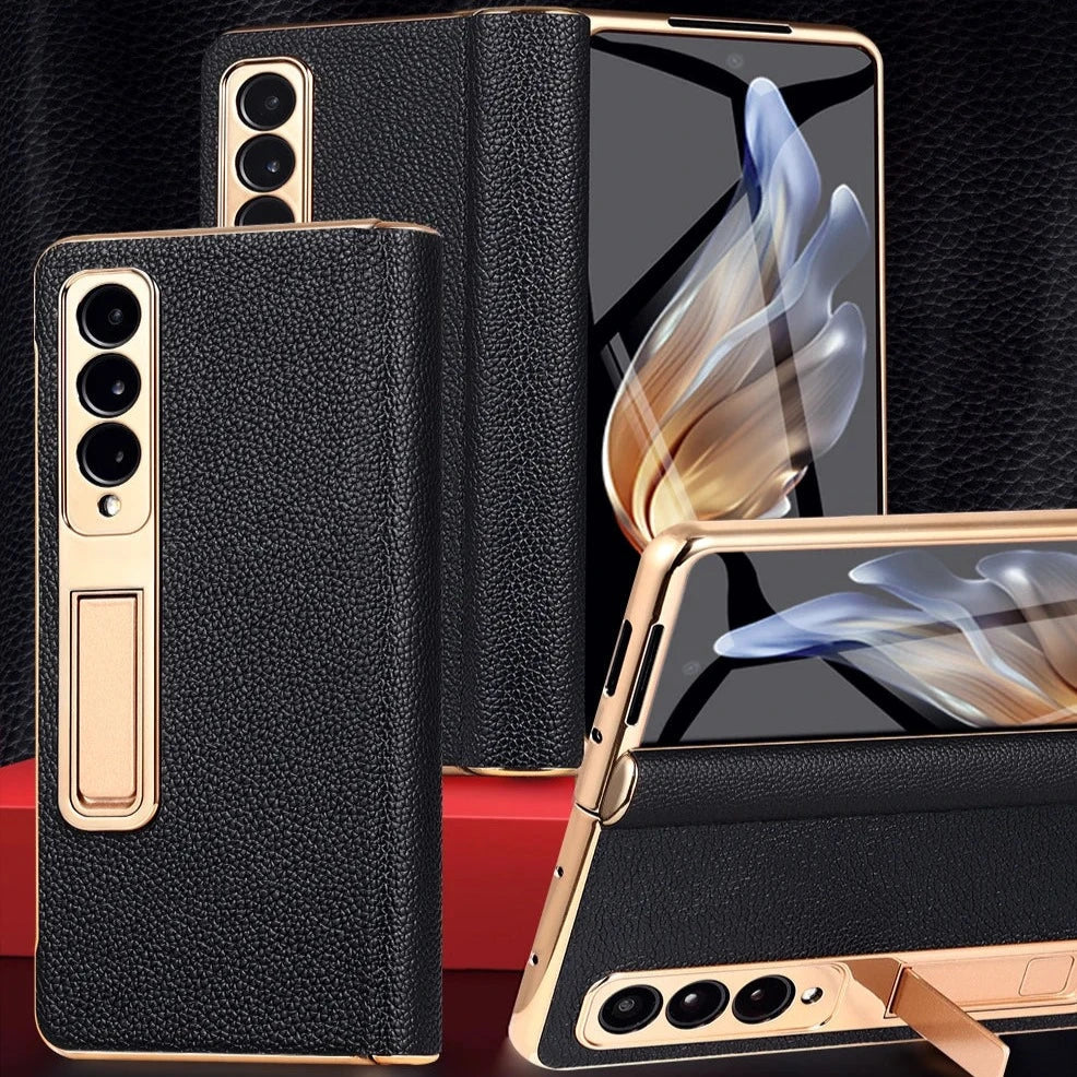 Genuine Leather Foldable Phone Case for Galaxy Z Fold 3/4/5/6/7/8 – Kickstand or Finger Loop Options – Full Protection Design