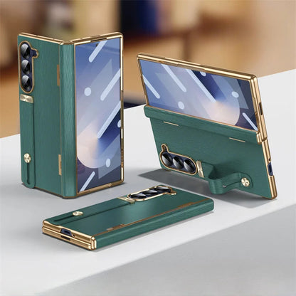 Genuine Leather Foldable Phone Case for Galaxy Z Fold 3/4/5/6/7/8 – Kickstand or Finger Loop Options – Full Protection Design