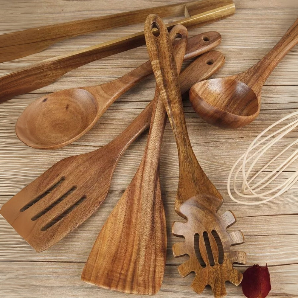7-Piece Teak Wood Kitchen Utensil Set for Cooking & Serving, Heat-Resistant Natural Wooden Tools for Nonstick Pans, Includes Ladle Spatula