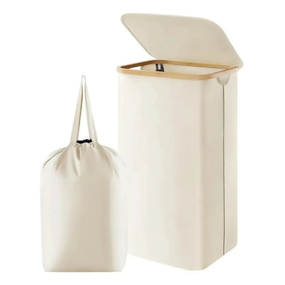 Collapsible Hamper with Cover & Removable Liner 100L Capacity for Bedroom Bathroom White Gray Black Bamboo Handles Upright Design