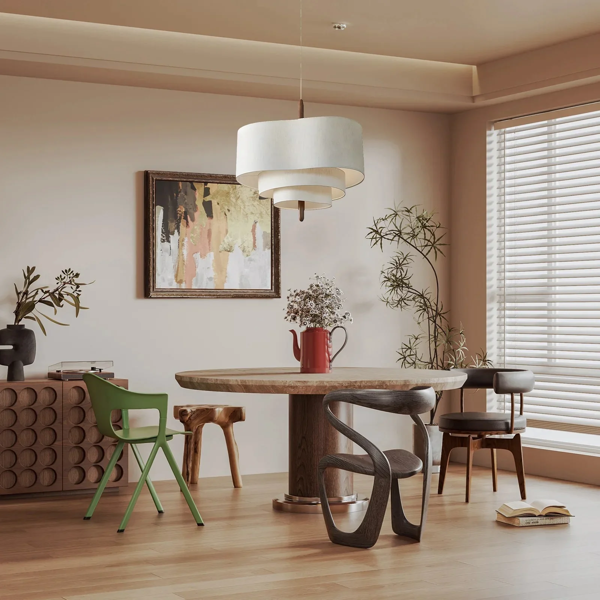 Layered Fabric Ceiling Light 23 in Beige with Wood Accent for Dining Room | Natural Texture Drop Lamp E27 Socket Adjustable Cord Height | Wa
