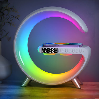 Réveil numérique LED pour table de nuit avec chargeur de téléphone sans fil Qi et haut-parleur Bluetooth pour chambre à coucher 10 po