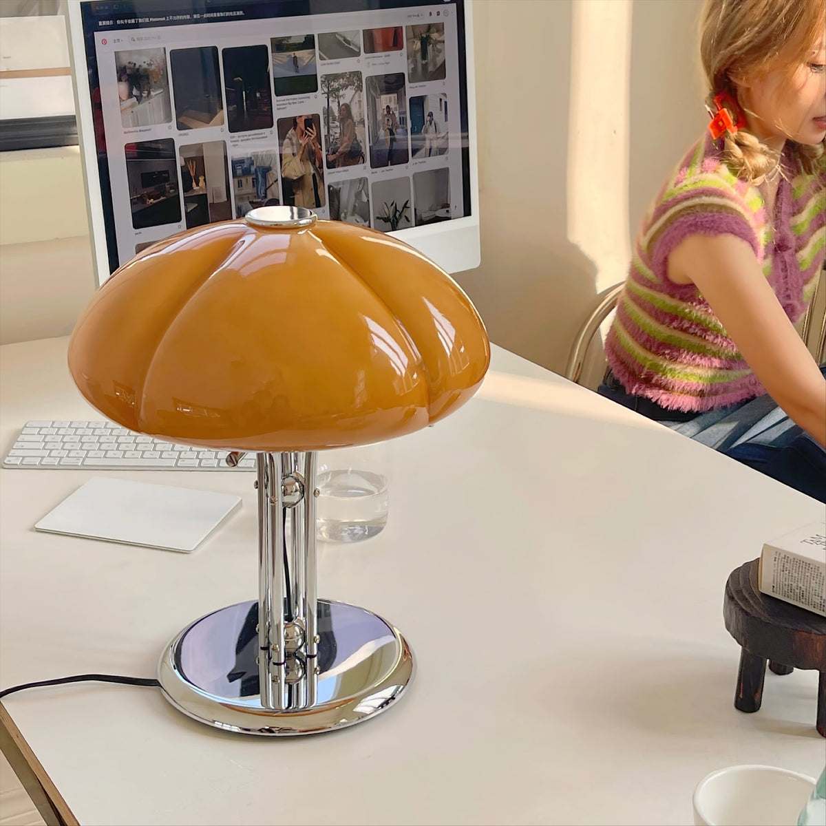 Retro Glass Globe Lamp Orange Accent Light with Push Switch for Bedroom Office Desk Nightstand Mid-Century Modern LED Tabletop Fixture