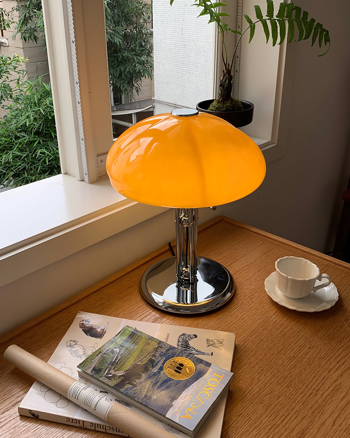 Retro Glass Globe Lamp Orange Accent Light with Push Switch for Bedroom Office Desk Nightstand Mid-Century Modern LED Tabletop Fixture