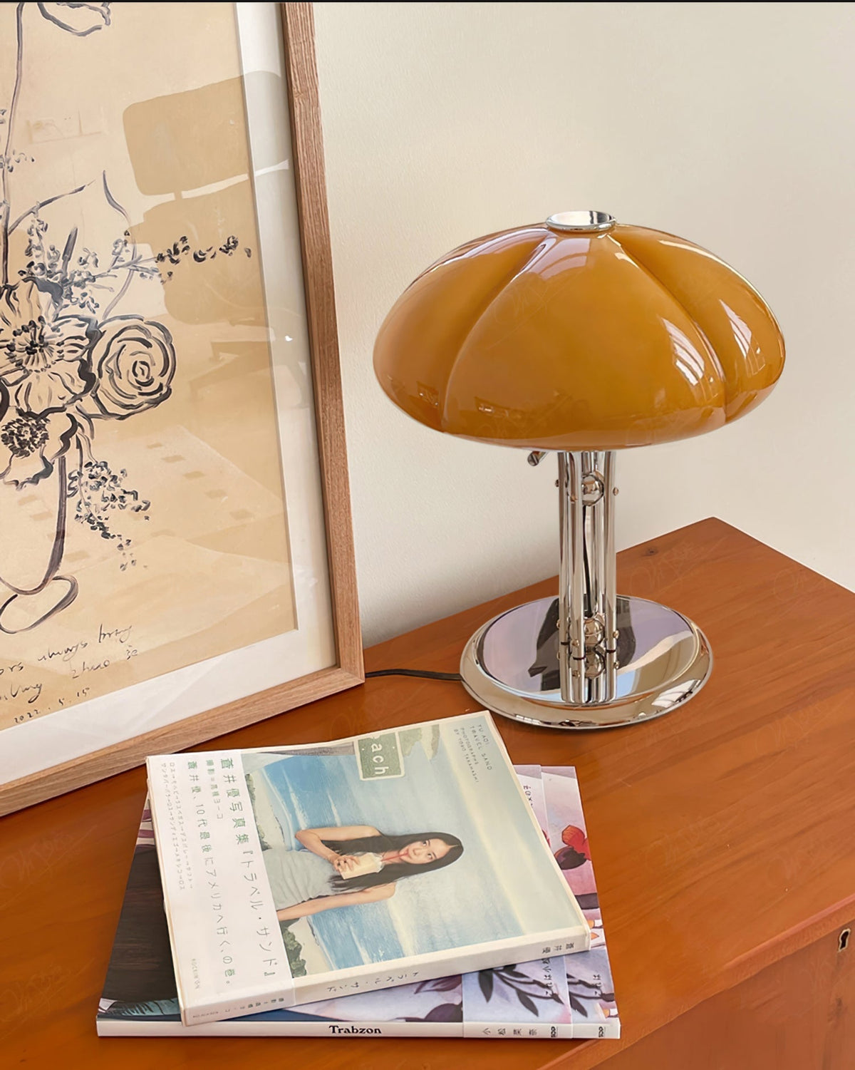 Retro Glass Globe Lamp Orange Accent Light with Push Switch for Bedroom Office Desk Nightstand Mid-Century Modern LED Tabletop Fixture