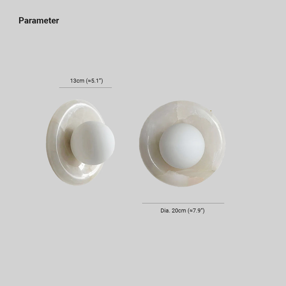 Round Glass Wall Sconce with Curved Marble Backplate for Living Room, Bedroom & Hallway – Hardwired Modern Indoor Light Fixture