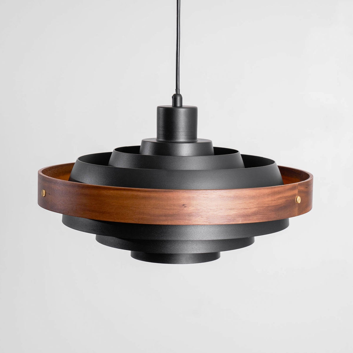 Swing Arm Ceiling Fixture with Layered Wood & Metal Shade – 16 in Diameter – Adjustable for Dining Room Kitchen Island Workspace – E26 Socke