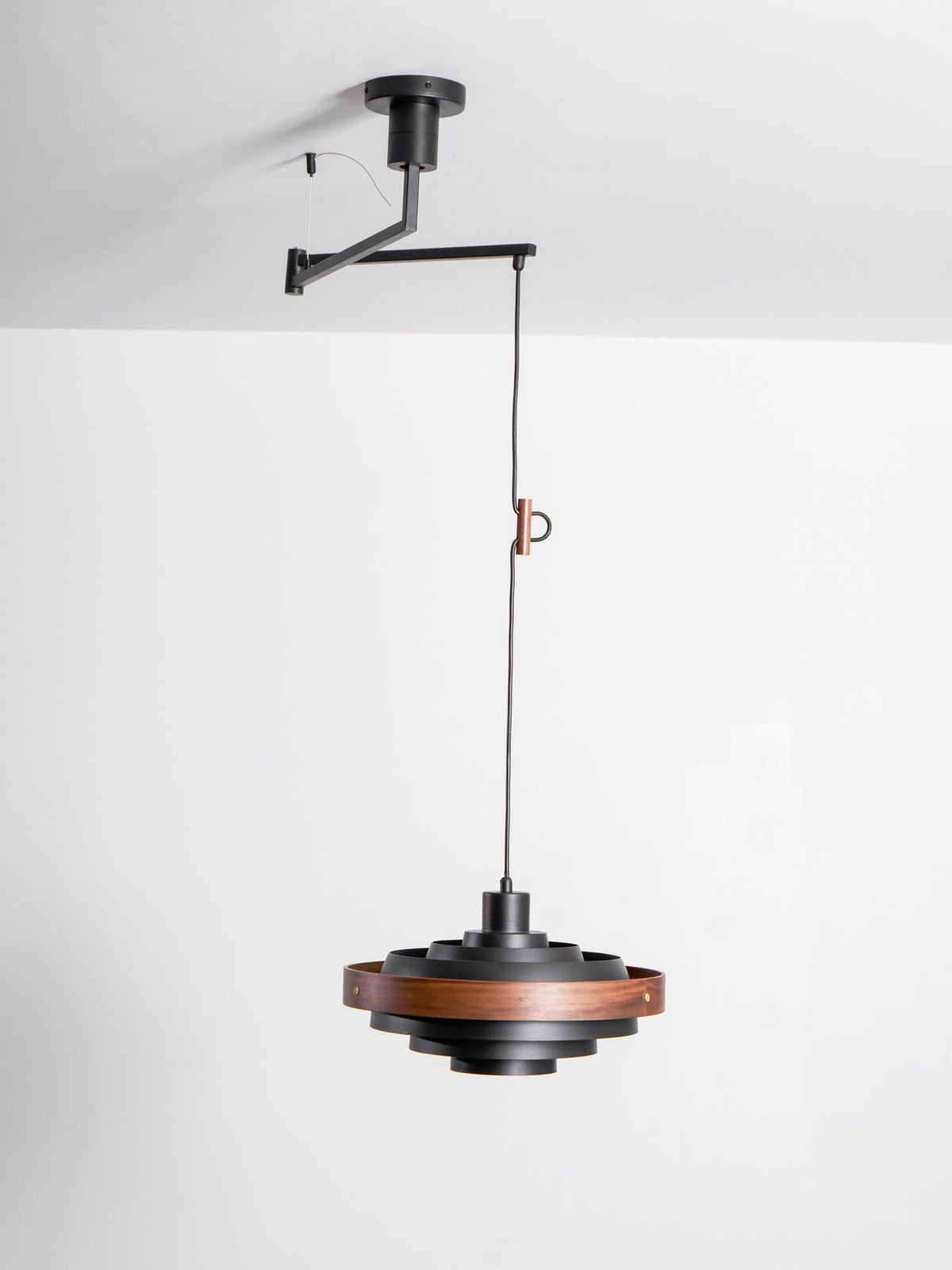Swing Arm Ceiling Fixture with Layered Wood & Metal Shade – 16 in Diameter – Adjustable for Dining Room Kitchen Island Workspace – E26 Socke