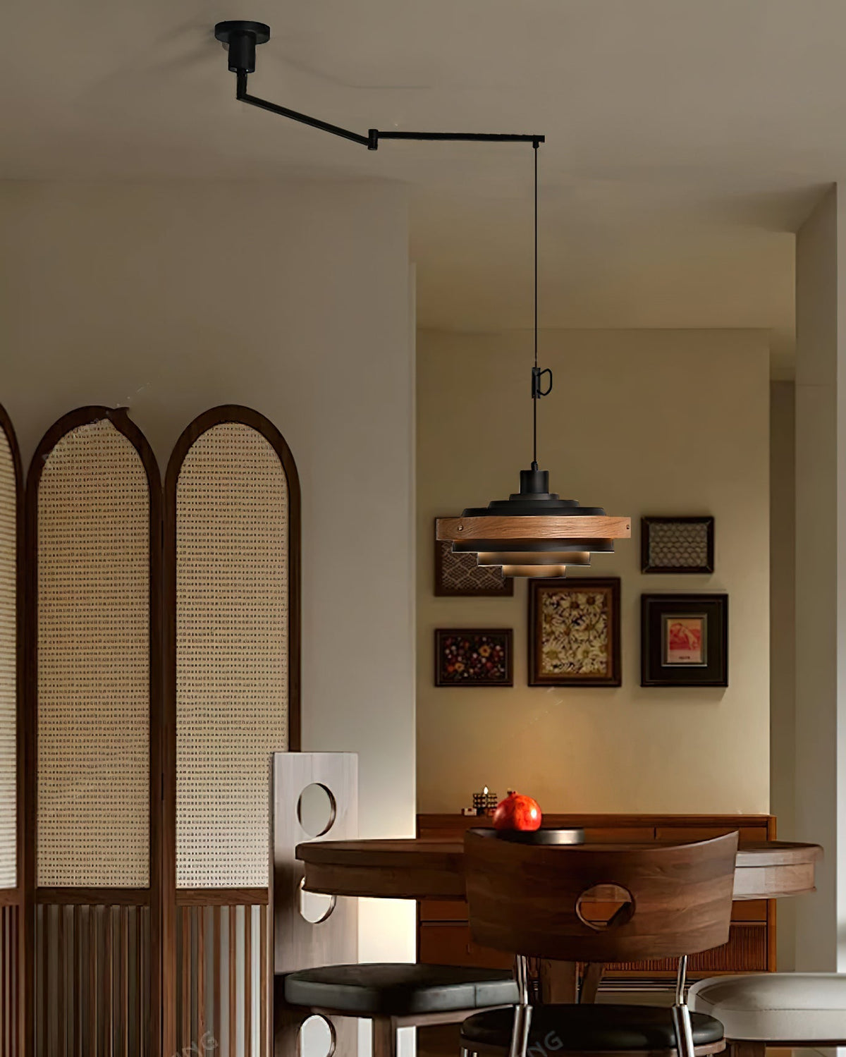 Swing Arm Ceiling Fixture with Layered Wood & Metal Shade – 16 in Diameter – Adjustable for Dining Room Kitchen Island Workspace – E26 Socke