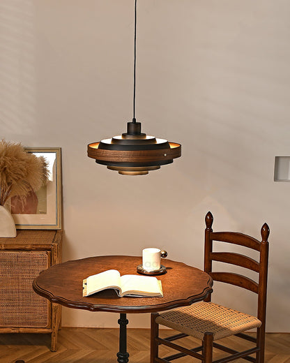 Swing Arm Ceiling Fixture with Layered Wood & Metal Shade – 16 in Diameter – Adjustable for Dining Room Kitchen Island Workspace – E26 Socke