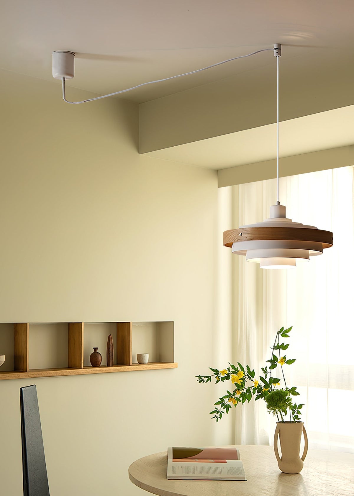 Swing Arm Ceiling Fixture with Layered Wood & Metal Shade – 16 in Diameter – Adjustable for Dining Room Kitchen Island Workspace – E26 Socke