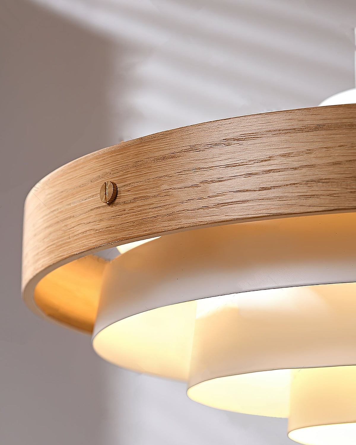 Swing Arm Ceiling Fixture with Layered Wood & Metal Shade – 16 in Diameter – Adjustable for Dining Room Kitchen Island Workspace – E26 Socke
