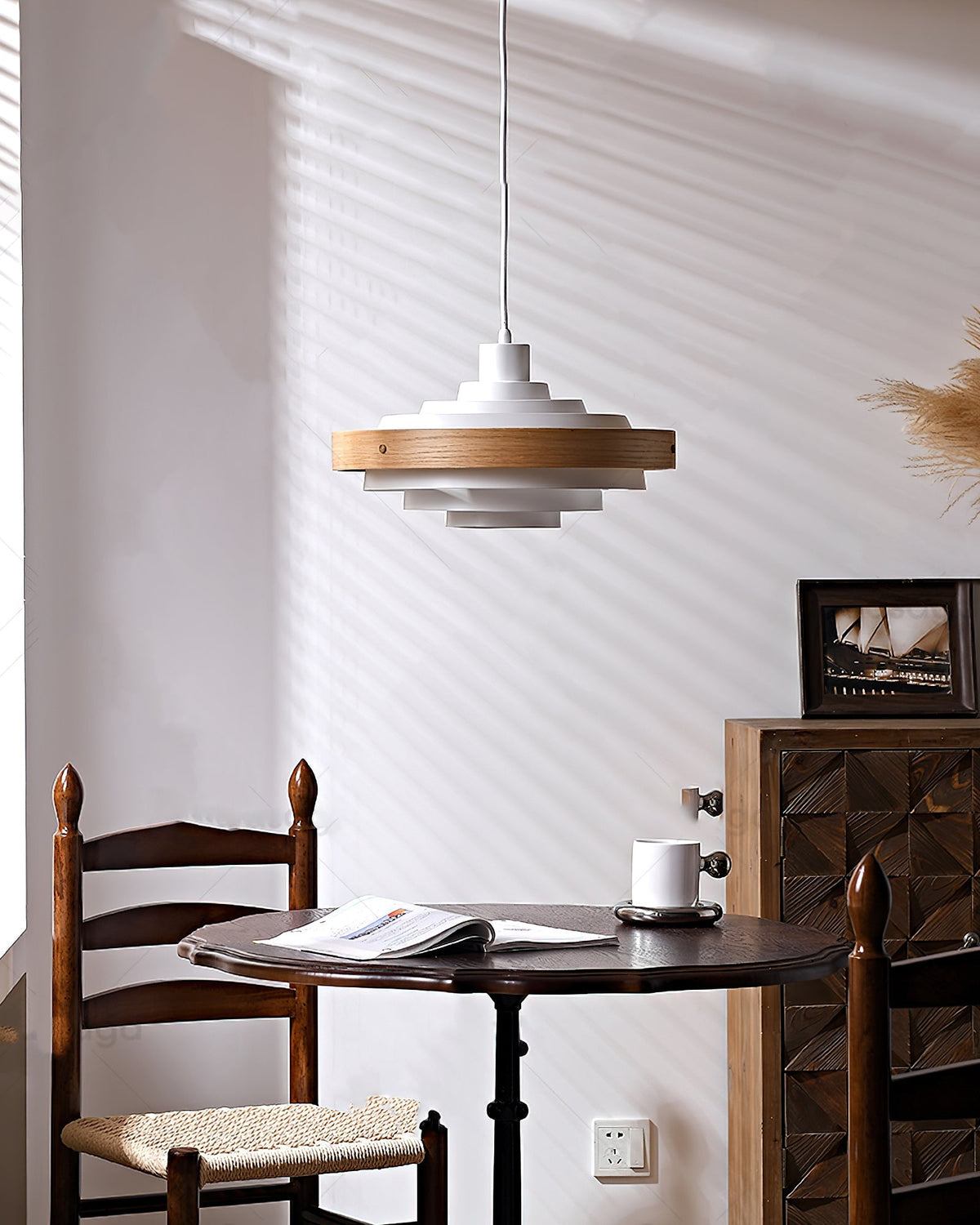 Swing Arm Ceiling Fixture with Layered Wood & Metal Shade – 16 in Diameter – Adjustable for Dining Room Kitchen Island Workspace – E26 Socke