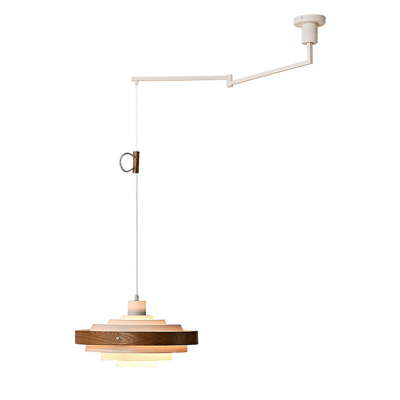 Swing Arm Ceiling Fixture with Layered Wood & Metal Shade – 16 in Diameter – Adjustable for Dining Room Kitchen Island Workspace – E26 Socke