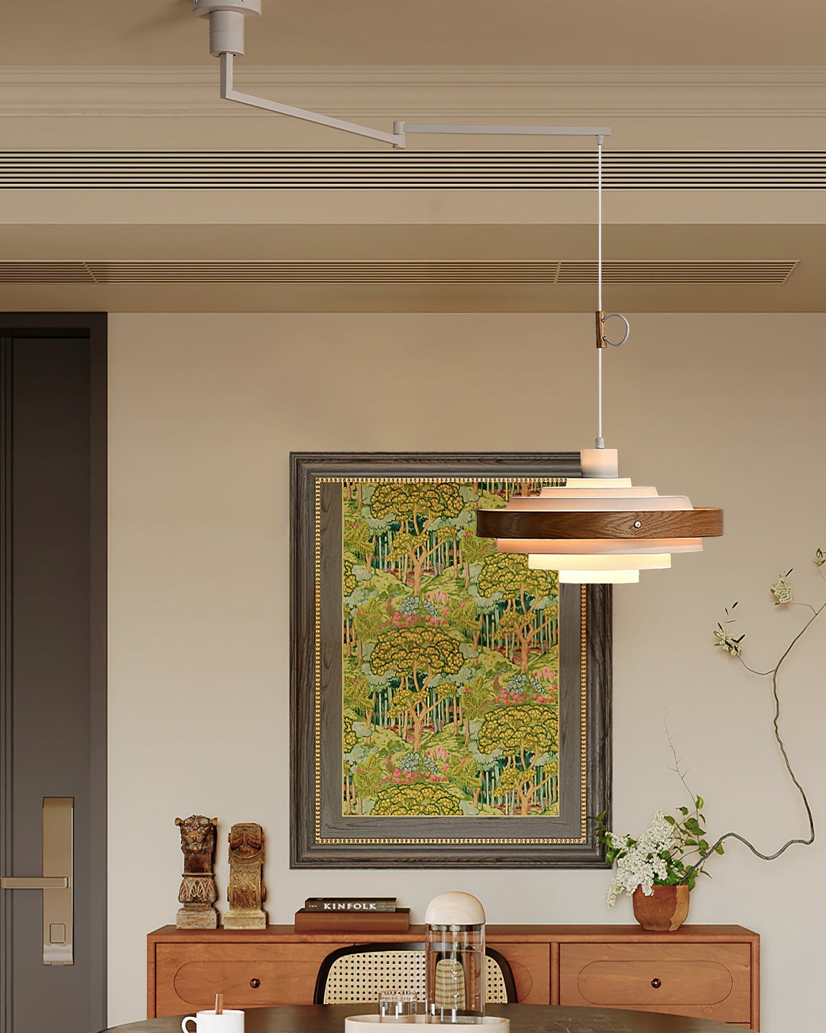 Swing Arm Ceiling Fixture with Layered Wood & Metal Shade – 16 in Diameter – Adjustable for Dining Room Kitchen Island Workspace – E26 Socke