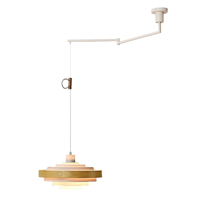 Swing Arm Ceiling Fixture with Layered Wood & Metal Shade – 16 in Diameter – Adjustable for Dining Room Kitchen Island Workspace – E26 Socke