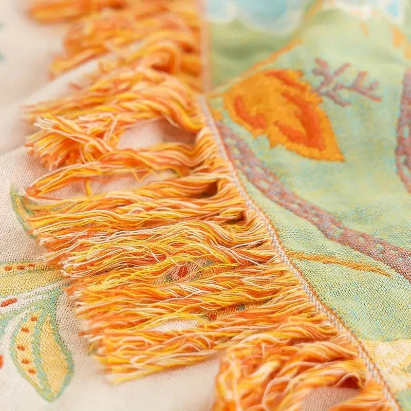 Ravelle Boho Blanket - 100% Cotton, Floral Design with Fringe