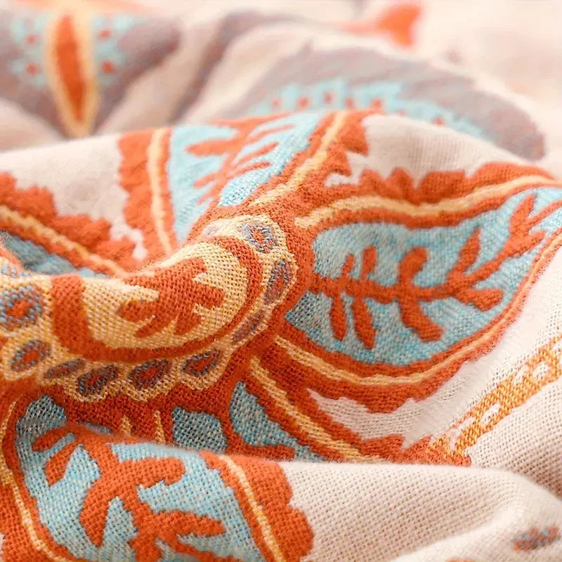 Ravelle Boho Blanket - 100% Cotton, Floral Design with Fringe