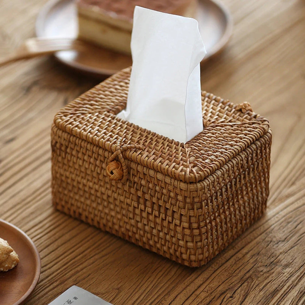 Raven Rattan Tissue Box Cover - Handwoven Natural Elegance