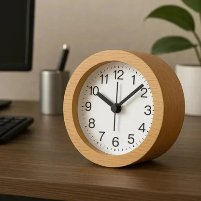 Wooden Alarm Clock with LED Nightlight Silent Non-Ticking Snooze Beechwood Bedside Desk Clock for Bedroom Office Kids