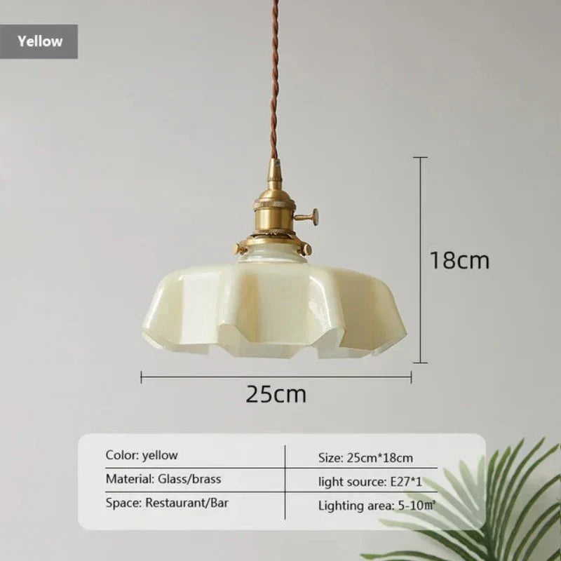 Wavy Glass Hanging Light 9 in Pastel Shade Brass Accent for Kitchen Island Dining Room Adjustable Drop E27 Bulb Socket Vintage French Style