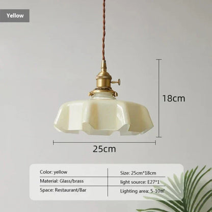 Wavy Glass Hanging Light 9 in Pastel Shade Brass Accent for Kitchen Island Dining Room Adjustable Drop E27 Bulb Socket Vintage French Style