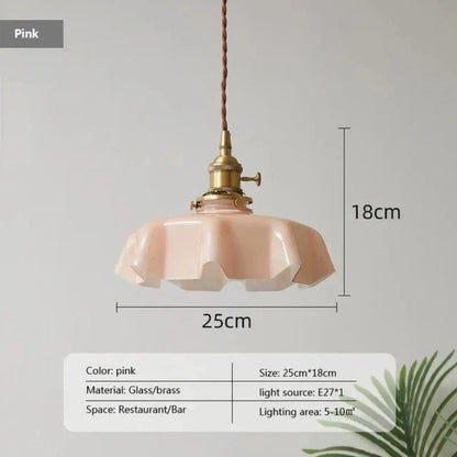 Wavy Glass Hanging Light 9 in Pastel Shade Brass Accent for Kitchen Island Dining Room Adjustable Drop E27 Bulb Socket Vintage French Style