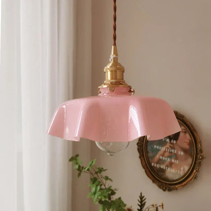 Wavy Glass Hanging Light 9 in Pastel Shade Brass Accent for Kitchen Island Dining Room Adjustable Drop E27 Bulb Socket Vintage French Style