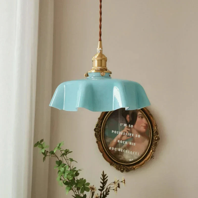 Wavy Glass Hanging Light 9 in Pastel Shade Brass Accent for Kitchen Island Dining Room Adjustable Drop E27 Bulb Socket Vintage French Style