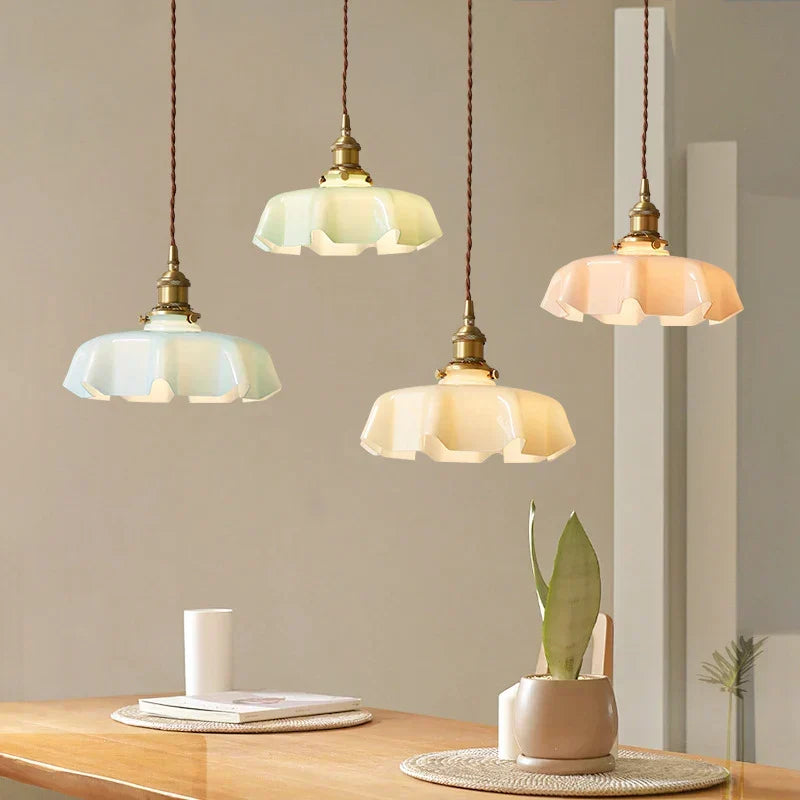 Wavy Glass Hanging Light 9 in Pastel Shade Brass Accent for Kitchen Island Dining Room Adjustable Drop E27 Bulb Socket Vintage French Style