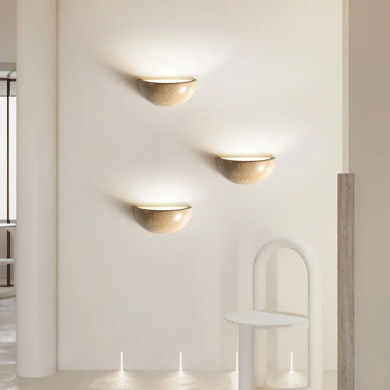 Stone-Effect Half-Round LED Wall Sconce Warm Glow Fixture Bedroom Hallway Bedside Ambient Light Minimalist Modern Organic Scandinavian Décor