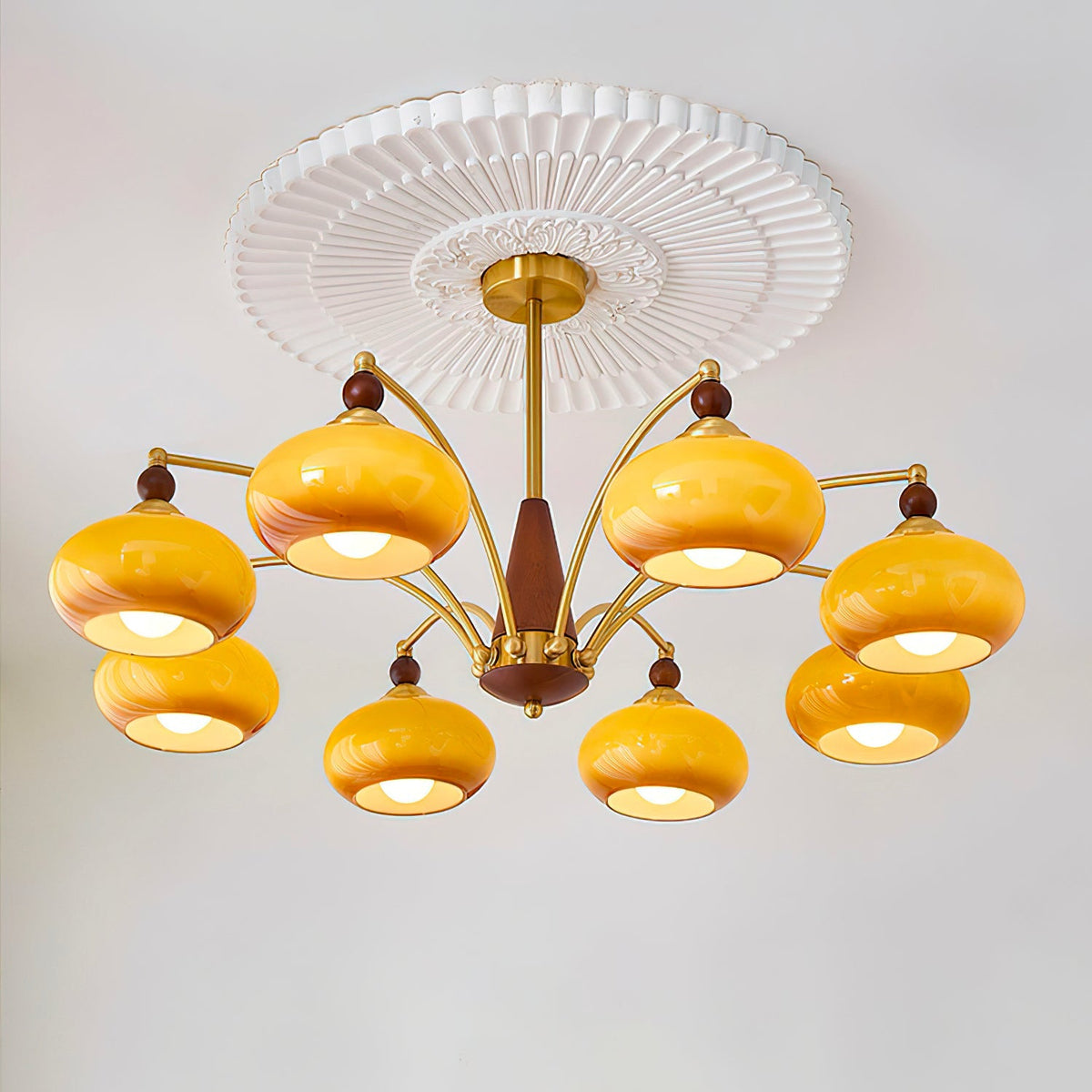 Multi-Arm Pendant Light Fixture Wood Brass Glass Shades Adjustable Height Dining Room Living Room Overhead Lighting 3 5 8 Bulb Vintage Indus