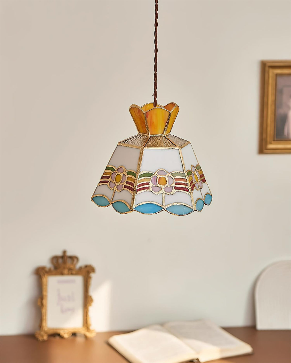 Stained Glass Pendant Light 7.8 Inch Bell Shade Multicolor Floral Fixture Kitchen Island Dining Room Ceiling Lamp Vintage Style Hanging Ligh