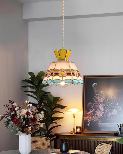 Stained Glass Pendant Light 7.8 Inch Bell Shade Multicolor Floral Fixture Kitchen Island Dining Room Ceiling Lamp Vintage Style Hanging Ligh
