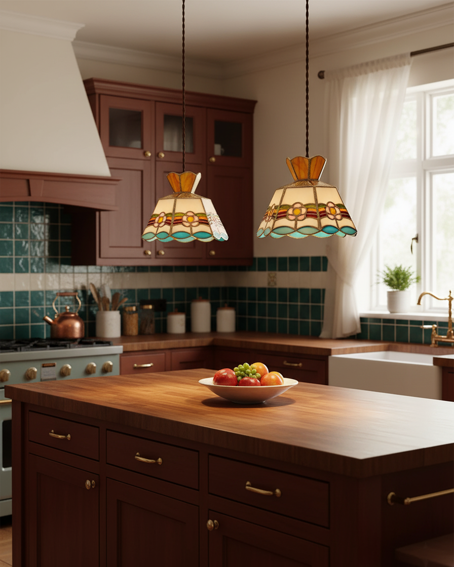 Stained Glass Pendant Light 7.8 Inch Bell Shade Multicolor Floral Fixture Kitchen Island Dining Room Ceiling Lamp Vintage Style Hanging Ligh
