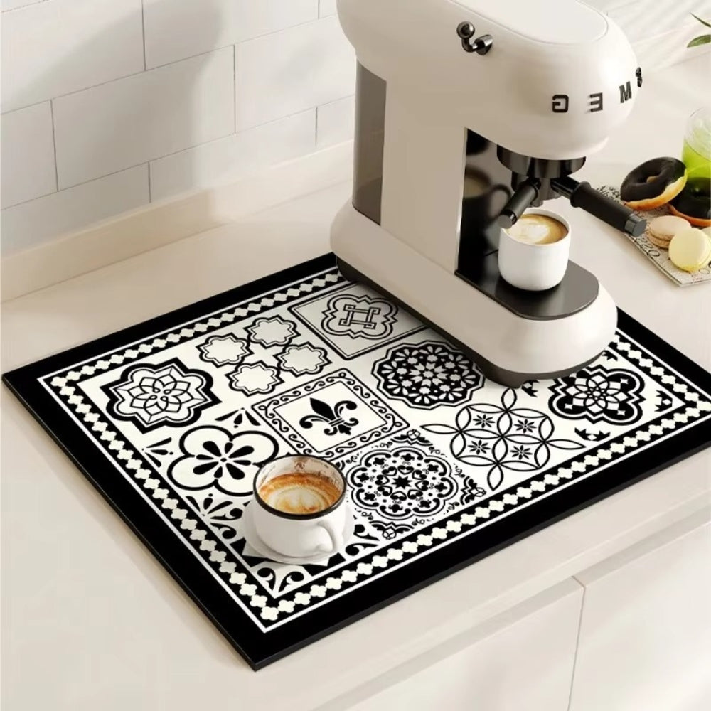 Diatomaceous Earth Drying Mat Kitchen Counter Quick Dry Absorbent Stone Pad for Coffee Bar Dish Sink Drainer Retro Pattern