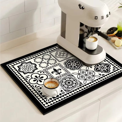 Diatomaceous Earth Drying Mat Kitchen Counter Quick Dry Absorbent Stone Pad for Coffee Bar Dish Sink Drainer Retro Pattern