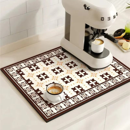 Diatomaceous Earth Drying Mat Kitchen Counter Quick Dry Absorbent Stone Pad for Coffee Bar Dish Sink Drainer Retro Pattern
