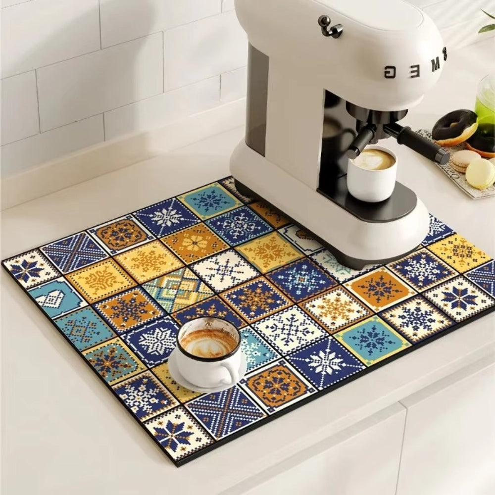 Diatomaceous Earth Drying Mat Kitchen Counter Quick Dry Absorbent Stone Pad for Coffee Bar Dish Sink Drainer Retro Pattern