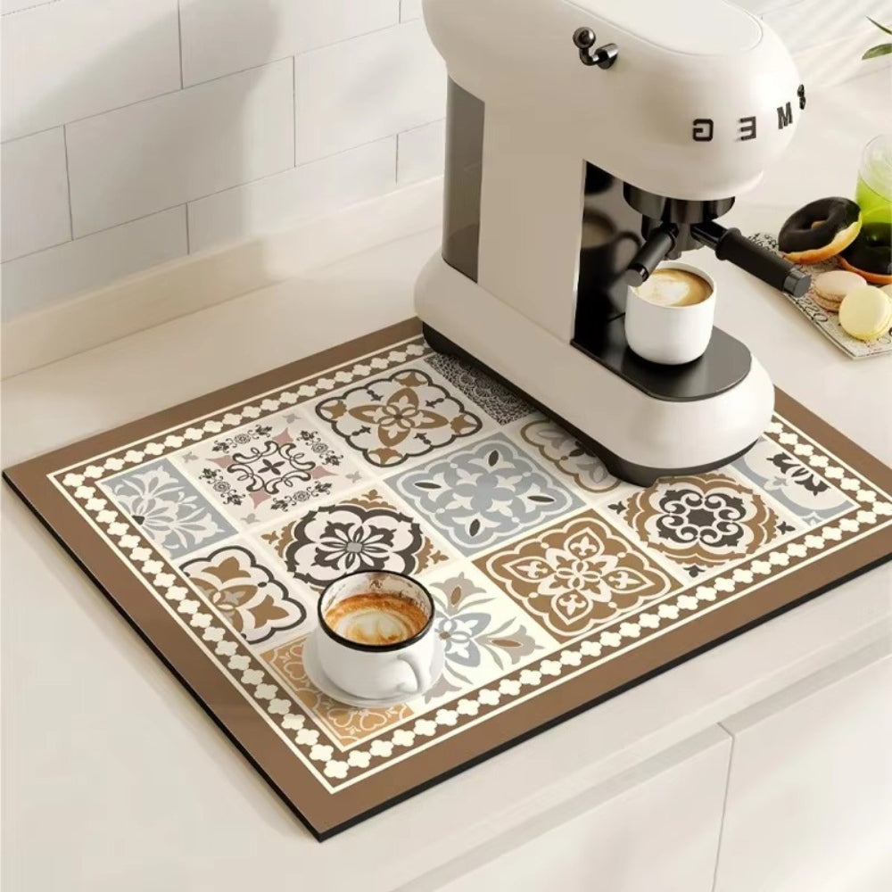 Diatomaceous Earth Drying Mat Kitchen Counter Quick Dry Absorbent Stone Pad for Coffee Bar Dish Sink Drainer Retro Pattern