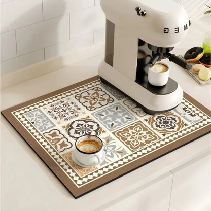 Diatomaceous Earth Drying Mat Kitchen Counter Quick Dry Absorbent Stone Pad for Coffee Bar Dish Sink Drainer Retro Pattern