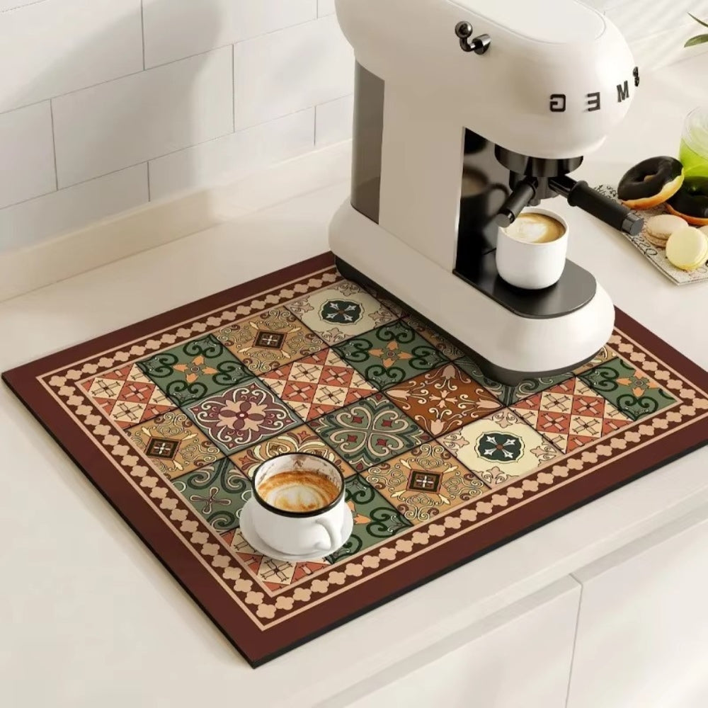 Diatomaceous Earth Drying Mat Kitchen Counter Quick Dry Absorbent Stone Pad for Coffee Bar Dish Sink Drainer Retro Pattern