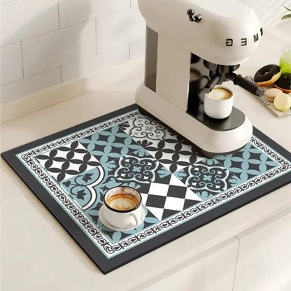 Diatomaceous Earth Drying Mat Kitchen Counter Quick Dry Absorbent Stone Pad for Coffee Bar Dish Sink Drainer Retro Pattern
