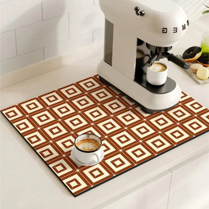 Diatomaceous Earth Drying Mat Kitchen Counter Quick Dry Absorbent Stone Pad for Coffee Bar Dish Sink Drainer Retro Pattern