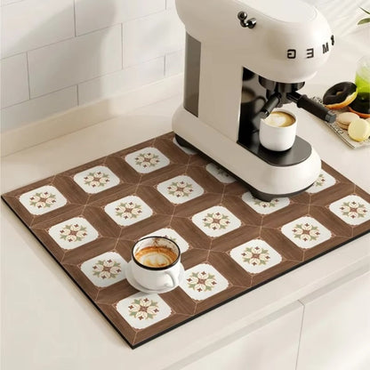 Diatomaceous Earth Drying Mat Kitchen Counter Quick Dry Absorbent Stone Pad for Coffee Bar Dish Sink Drainer Retro Pattern