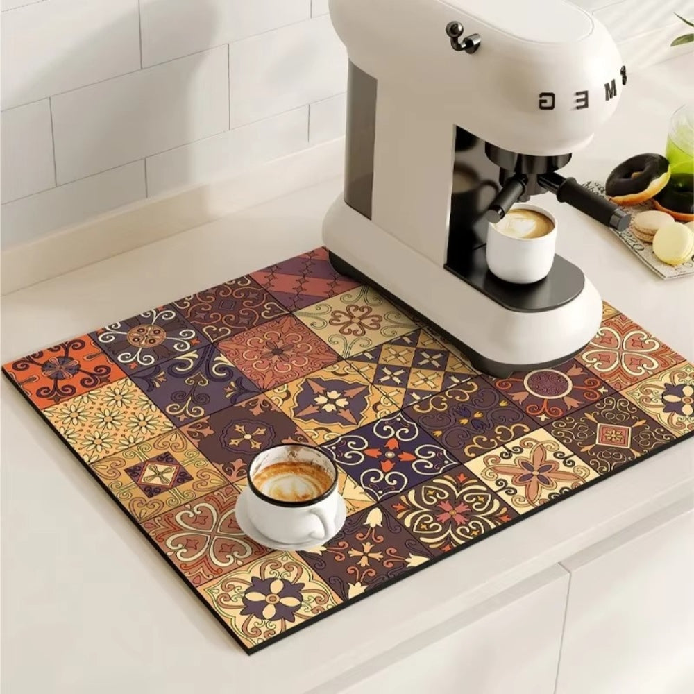 Diatomaceous Earth Drying Mat Kitchen Counter Quick Dry Absorbent Stone Pad for Coffee Bar Dish Sink Drainer Retro Pattern