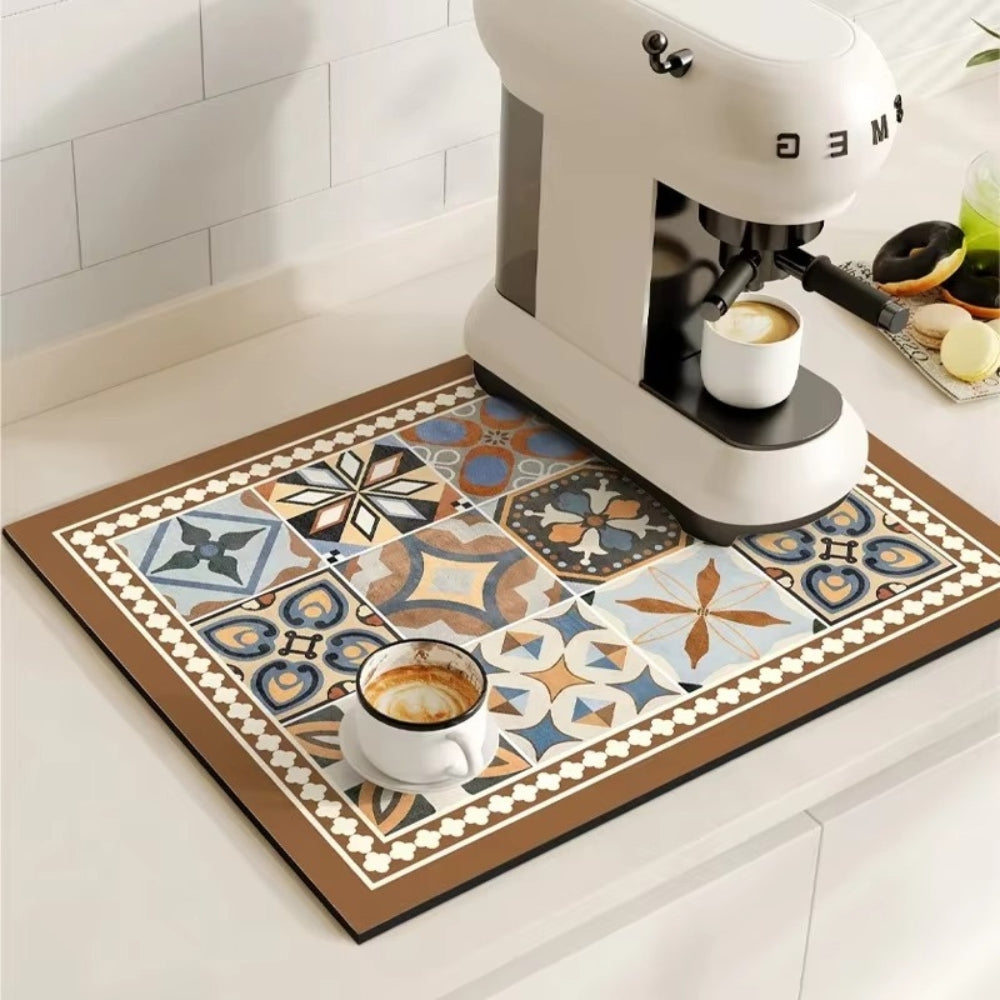 Vintage-Inspired Quick-Dry Kitchen Counter Mat for Coffee Bars, Dish Drying & Sink Areas – Absorbent Non-Slip Rubber Base – Decorative